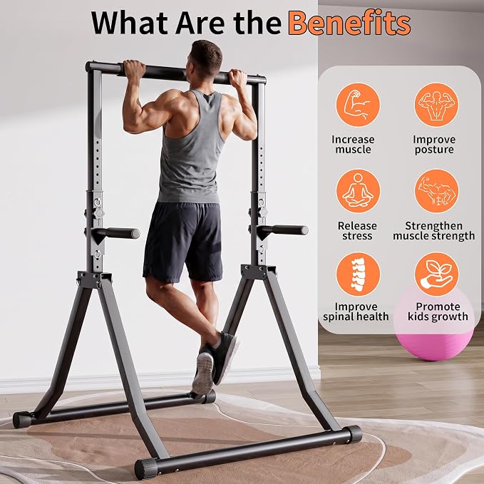 Foldable Power Tower Dip Station for Pull Ups, 58.3"-76.8" 12 Level 700 LBS, Adjustable Dip Handles & Assistance Bands Foldable Home Gym Equipment
