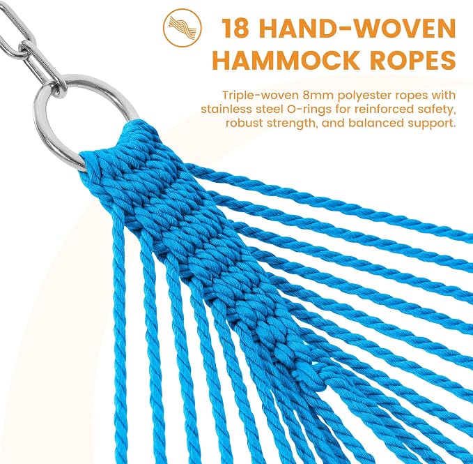 Lazy Daze Hammocks 10.5 FT Double 2 Person Caribbean Rope Hammock, Hand Woven Polyester Hammock with Spreader Bars, for Outside Outdoor Backyard Patio Poolside, 450 LBS Capacity, Rainbow