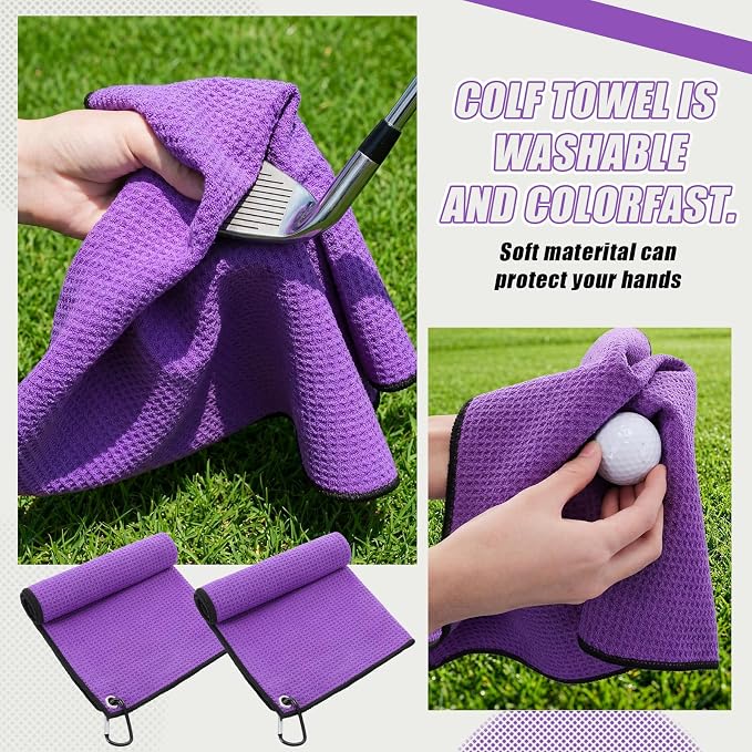 Batiyeer 30 Pcs Golf Towels Bulk for Bags 16'' x 16'' Microfiber Fabric Golf Towel with Clip Waffle Pattern for Men Mini Tournament Fitness Yoga Camping (Purple)