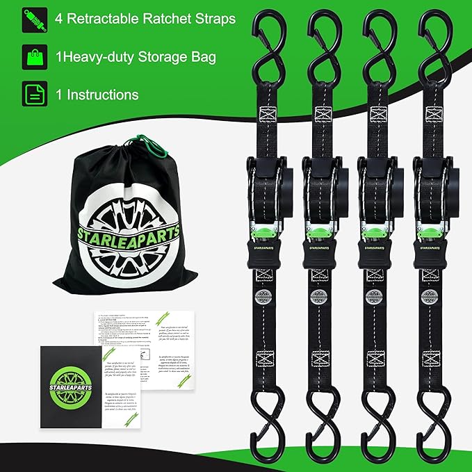 STARLEAPARTS Retractable Ratchet Straps(4PK) - 1,500lb Break Strength, Ratchet Straps Heavy Duty with Rubber Coated Handle, Perfect Auto Ratchet Straps for Motorcycle, Kayak and Trucks (Black)
