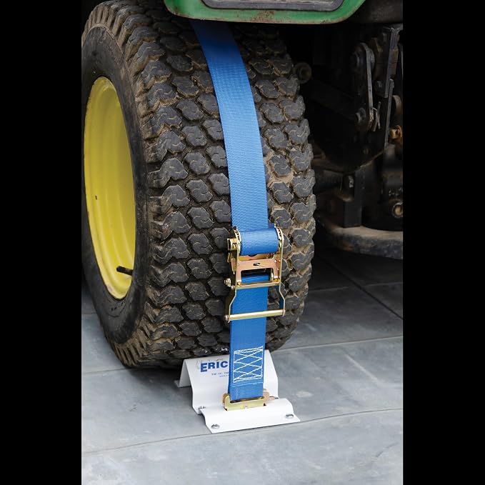 Erickson Wheel Chock Tie-Down Kit, 2 in x 6.5 ft, Single Slotted E-Fitting, Fits 10 in-30 in Tires, 1500 lb Ratchet Straps - Secures ATV, UTV, SxS, Mower & More