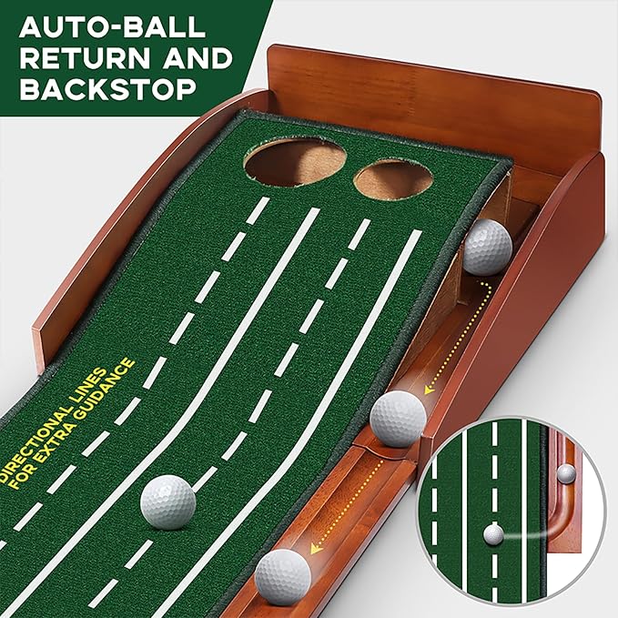 Golf Putting Mat fot Indoor, Wood Putting Green Indoor & Outdoor Training Equipment with Ball Return 8ft Practice Putting Mat, Wrinkle-Free Natural Rubber Mat, Golf Accessories for Men