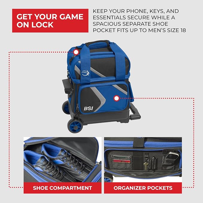 BSI Dash Roller Bowling Bag with Smooth Rolling Wheels, Padded Ball Compartment, Retractable Locking Handle, & Shoe Pocket