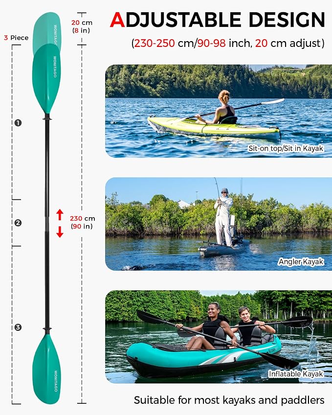 Kayak Paddle with Fiberglass Shaft and Reinforced Nylon Blade, Adjustable Kayaking Oars, 3 Piece, 230-250 cm/90-98 inches, 210-230 cm/82-90 inches