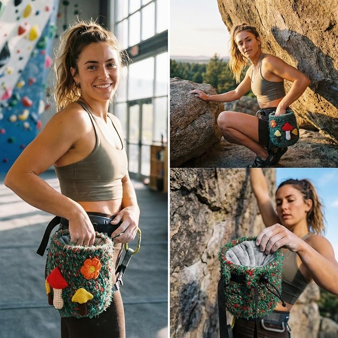 Handmade Crochet Rock Climbing Chalk Bag, Fun Plush Animal Chalk Pouch with Drawstring, Adjustable Waist Belt for Indoor Outdoor Bouldering Sport Climbing