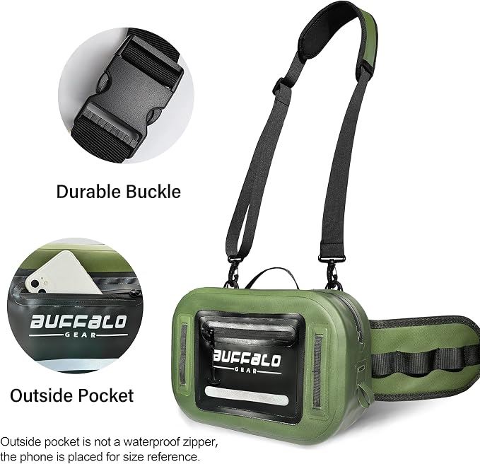 Buffalo Gear Waterproof Fishing Fanny Pack,8.9L Fishing Waist Pack with Airtight Zipper for Fly Fishing,Kayaking,Camping,Outdoor Sports Green