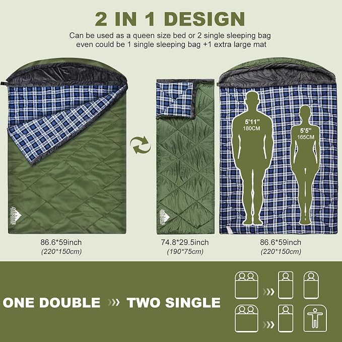 Cotton Flannel Double Sleeping Bag with Fleece Lined Hood, Waterproof Queen Size 2 Person Sleeping Bag for Adults Cold Weather Camping Backpacking or Hiking, 3-4season