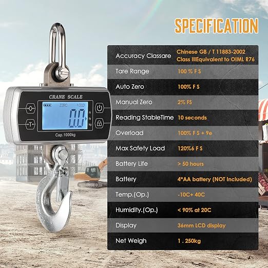 Bonvoisin Digital Crane Scale 2200lb/1000kg Industrial Hanging Scale Digital Heavy Duty for Farms Portable Big Hoist Wild Game Scale kg/lb/N (2200lb)