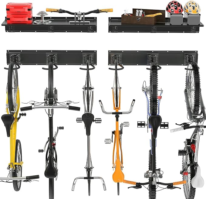 TORACK Wall Mounted Bike Storage Rack with Shelf, 6 Bikes Hangers for Garage, Space Saving Bike Rack Wall Mount, Holds Up to 600 lbs