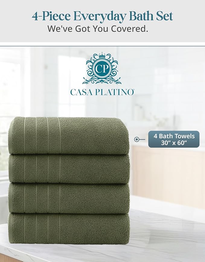 Casa Platino 100% Cotton Bath Towels Pack of 4 (30"x60") - Ring Spun Mercerized Cotton Bathroom Towel Set - Quick Dry, Soft & Absorbent Large Bath Towels - Holds Well After Multiple Washes - Oil Green