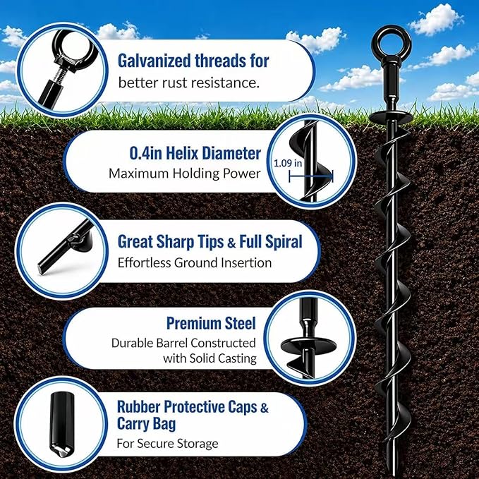 Ground Anchors Heavy Duty, 15in Steel Spiral Ground Stakes Screw in, 4 Pack Easy Install for Hard Soil, Outdoor Ground Anchors for Shed, Tent, Swing Set, Canopy, Trampoline Frame, High Wind Security