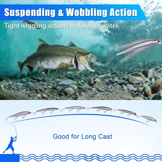 Saltwater Fishing Lures Kit, 6/12pcs Striped Bass Lures Surf Fishing Minnow Lures Deep Diving Jerkbait Popper Plugs Crankbait Fishing Tackle