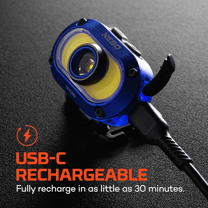 NEBO MYCRO 550+ Headlamp | 550 Lumens, 7 Light Modes, White & Red Light with Spot & Flood, USB-C Rechargeable, Water Resistant, Cap Light Convertible, Bright Light for Camping & Hiking – Blue