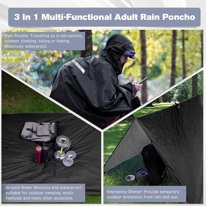 Roctee Rain Ponchos For Adults Women And Men, Waterproof Rain Coat Jacket With Hood, Pocket And Reflective Strip, Reusable Raincoat Unisex For Emergency Outdoor Camping Biking Hiking Climbing