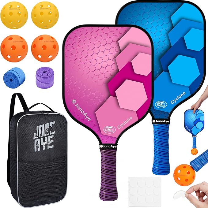JoncAye Pickleball Paddles Set of 4 or 2, USAPA Approved Fiberglass Rackets with Outdoor Indoor Balls, Bag, Overgrip, Lightweight for Family, Professional Equipment for Beginners Intermediate