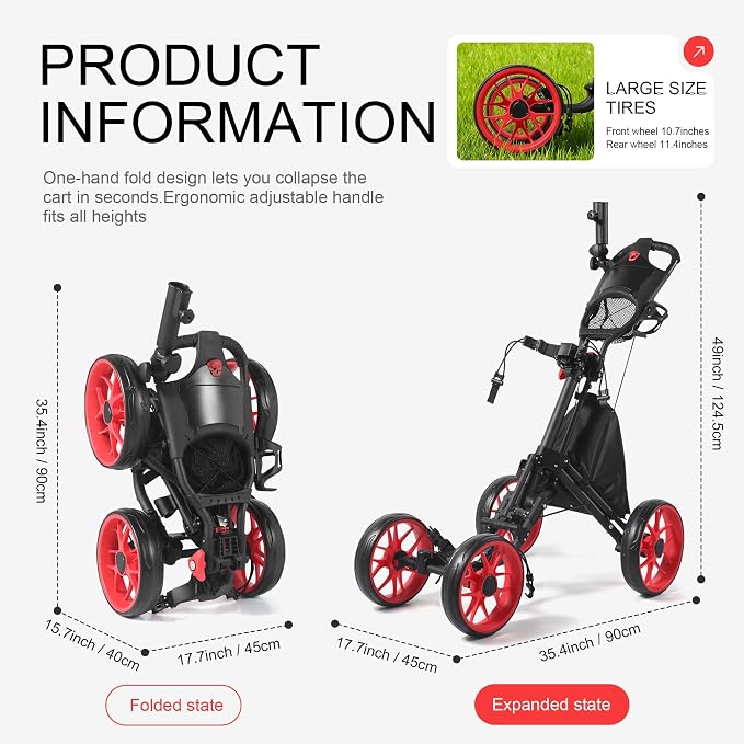 4 Wheel 360 Rotating Front Wheel Golf Push Cart Lightweight and Foldable Walking Golf Cart Umbrella Holder Included (4 Wheel)