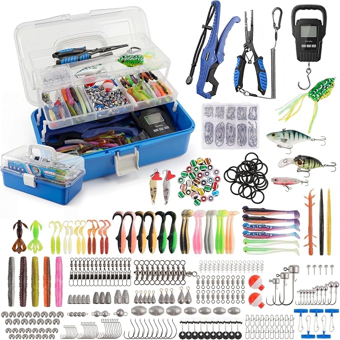 Fishing Lures Kit, 421PCS Tackle Box-(Blue) | Included Fishing Pliers, Hooks, Soft Baits, Weights,Accessories - Complete Freshwater Bass Fishing Gear Kit for Men with Gift