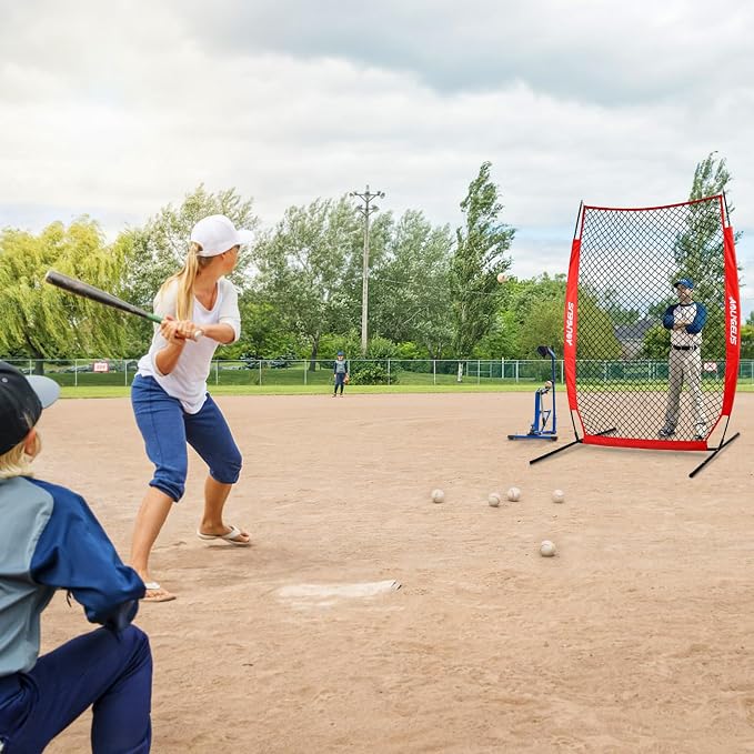 Baseball & Softball Portable Practice Batting Screen, 7-FT I-Screen or L-Screen Pitching Net for Pitcher Protection with Carry Bag and Ground Stakes