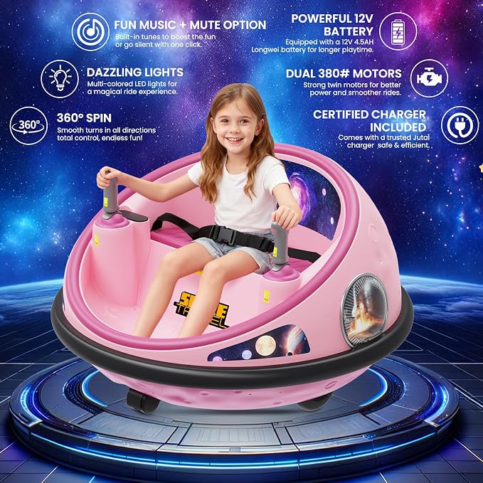 Electric Bumper Car with Remote Control, 360°Spinning Ride-on Vehicle, Rechargeable Indoor Outdoor Kid Car with LED Lights & Soft Bumper–Fun Gift (Pink)