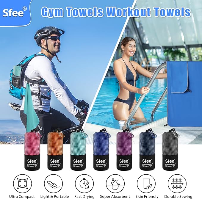 Sfee 4 Pack(8Pcs) Microfiber Travel Towel, Quick Dry Towel Camping Towel Super Absorbent Compact Lightweight Sports Towel Swim Gym Beach Towels Set for Gym, Hiking, Pool, Backpacking, Bath, Yoga