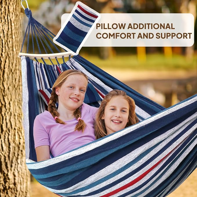 Chihee Cotton Hammock Holds Up to 660lbs Fabric Hammock 8.9x4.9ft Soft Portable Tree Hammocks Camping with Detachable Spreader Bar Pillow 2 Strong Webbings 2 Carabiners Indoor Outdoor Backyard Garden