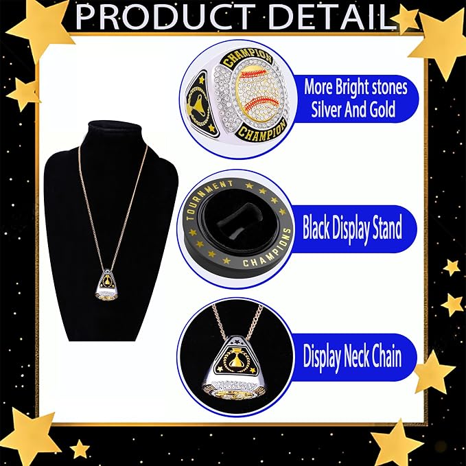12 Pcs Baseball Ring Softball Baseball Championship Ring Sport Ball Trophy Award Gift with Display Neck Chain and Stand for Tournament or League Champion Winner