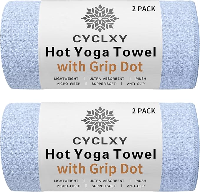 2 Pack Hot Yoga Towel with Grip Dot，Stickyfiber Yoga Mat Towels Non Slip for Hot Yoga,Absorbent Microfiber Sweat Anti-Slip Cover,Bikram,Pilates,Exercise