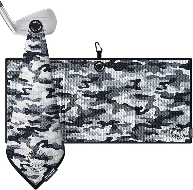 Ghost Golf Magnetic Towel (Caddie) - Premium Ultra-Absorbent Microfiber Golf Towel with Magnet for Golf Carts or Clubs - 18" x 40" Golfing Gear - Waffle Weave Pattern (Snow Camo)