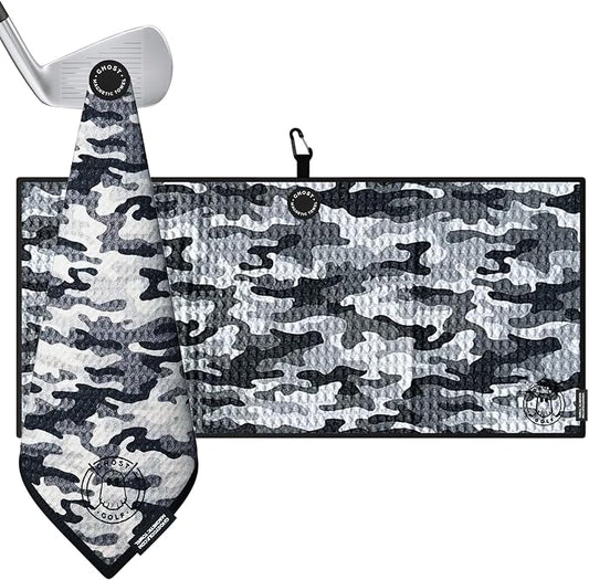 Ghost Golf Magnetic Towel (Caddie) - Premium Ultra-Absorbent Microfiber Golf Towel with Magnet for Golf Carts or Clubs - 18" x 40" Golfing Gear - Waffle Weave Pattern (Snow Camo)