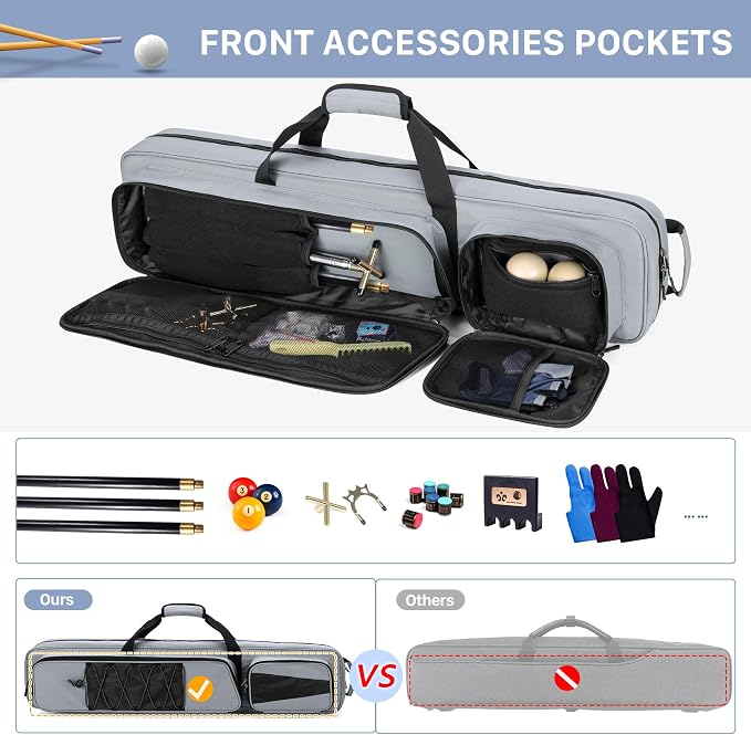 GOBUROS 4x5 Pool Cue Case, Billiard Stick Carrying Case Holds 4 Butts and 5 Shafts, Soft Pool Stick Bag with Large Front Accessories Pockets and Shoulder Strap for Easy Carry