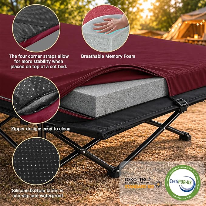 CYMULA Camping Cot Pad 2 Inch Memory Foam, Camping Pad for Folding Cot and Foldable Cot, Portable Roll Up Camp Gear for Car Camping Travel Tent, Non-Slip Waterproof Bottom, Removable Cover, Pad Only
