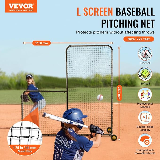 VEVOR Batting Screen - Baseball & Softball Protector with Carry Bag & Ground Stakes, Pitching Net for Pitchers Protection