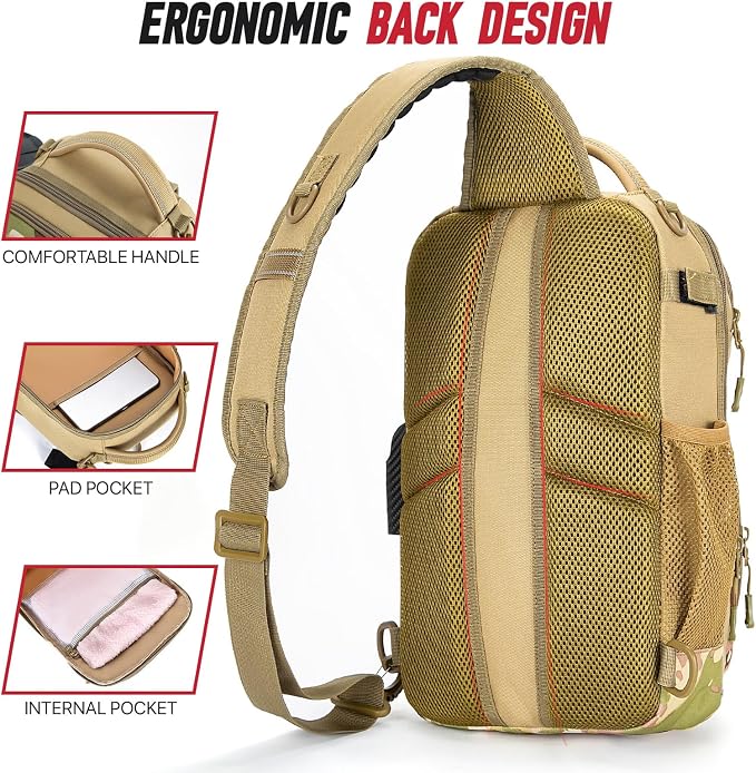 Fishing Sling Bag, Fishing Bag With Rod Holder Fixed Stickers, MOLLE System, Soft Bait & Gear Storage, Gift for Men, Khaki