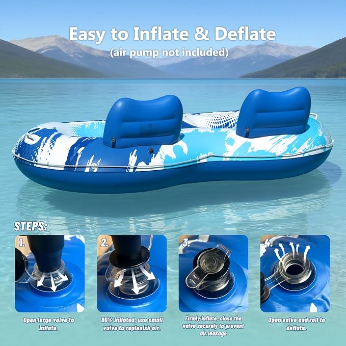 JOSEN Inflatable River Tube Float - 2 Person Heavy Duty River Float, Pool Floats Adult, Lake River Floats Water Tubes for Floating with Removable Cooler & Cupholders for Summer Relaxation