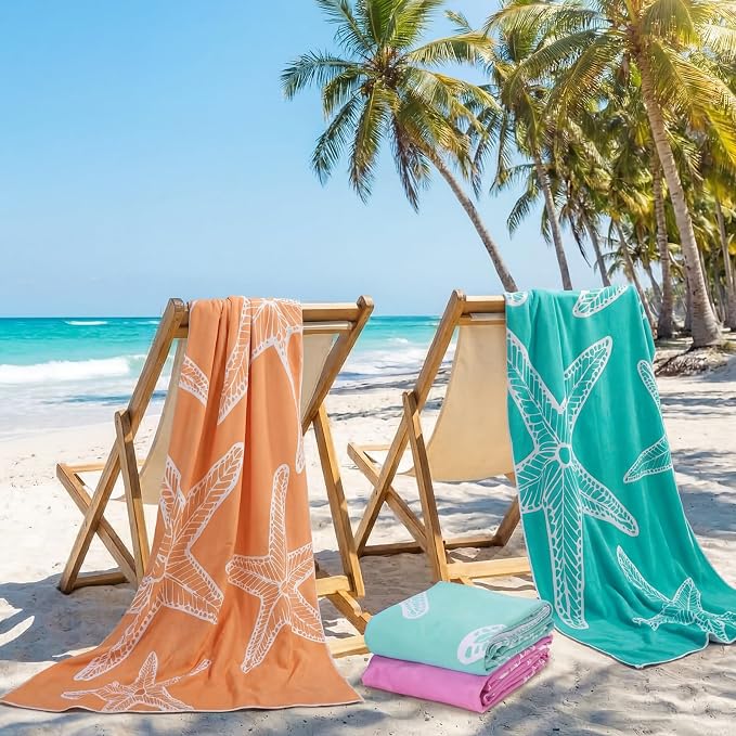 Tegeme 4 Pack Coastal Starfish Microfiber Thin Beach Towel Lightweight 71x36 Oversized Extra Large Sand Free Towels Quick Dry for Travel Pool Yoga Sports Beach Accessories Vacation Essential Gift