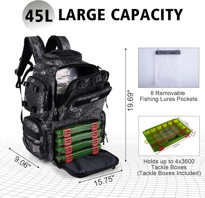 Goture Fishing Backpack with 4 Tackle Boxes,900D Water-Resistant Tackle Backpack with Rod Holders,SBS Zippers,45L Large Tackle Storage Gear Bag with Rain Cover,Bottle Holder for Travel Camping Hiking