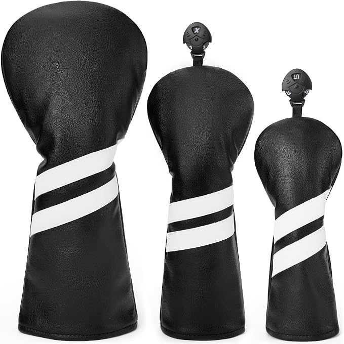 3PCS Vintage Golf Club Classic Green and Black Driver, Fairway Wood and Hybrid Head Covers Set PU Leather Headcovers with Interchangeable No. Tag