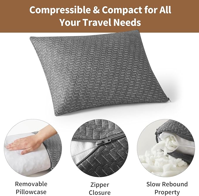 Travel Pillow Compressible Camping Memory Foam Pillow - Avocado Green M Size, Dark Grey M Size, Ideal Backpacking, Airplane and Car
