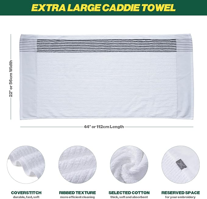 Handy Picks Caddie Golf Towel, Extra Large 44” x 22” Caddy Towel for Tour Professionals, Selected Soft Cotton, Absorbent with Professional Edge Finishing (White, Pack of 2)