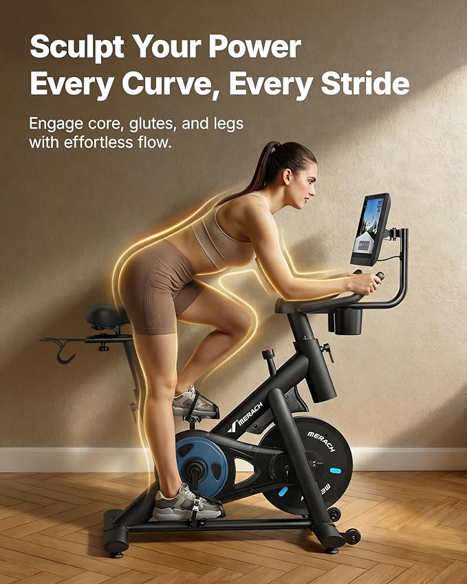 Merach Exercise Bike, Magnetic Friction Stationary Bike with Brake Pad and Exclusive App, Low Noise Indoor Cycling Bike with 300lbs Weight Capacity, Tablet Mount and Fitness Courses for Weight Loss