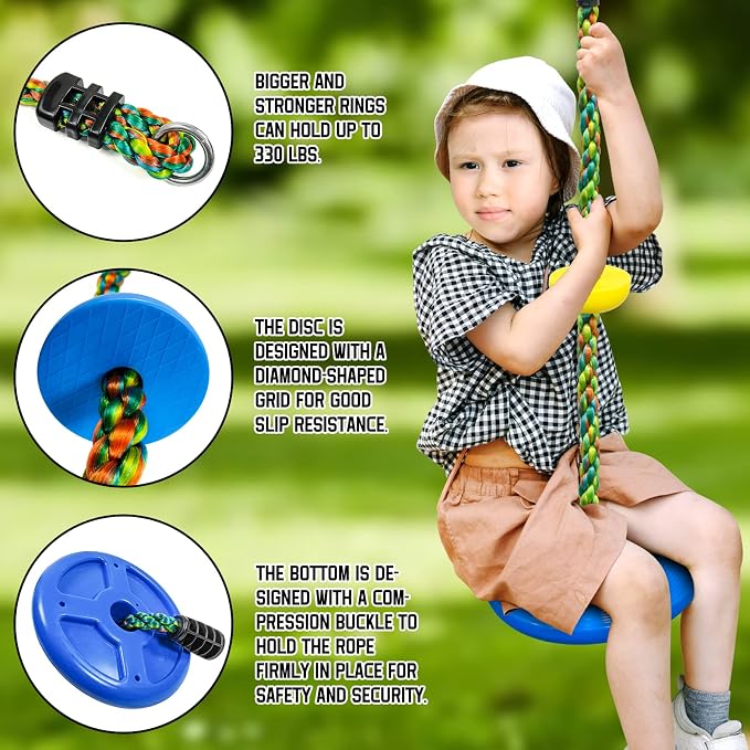 Tree Swing for Kids,Climbing Rope with Platforms,Disc Swing Seat Set Outdoor Playground Accessories for Kids-Include Carabiner, 4ft Tree Strap and Tree Protector