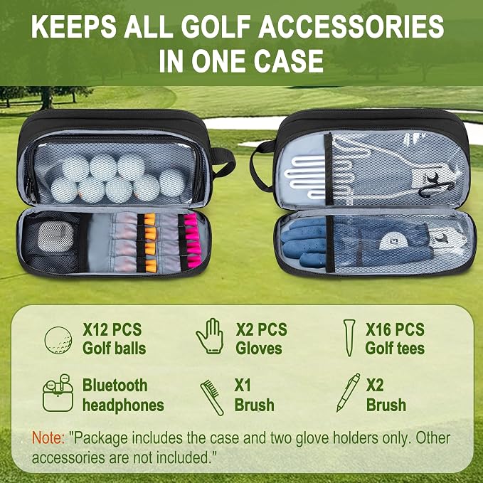 GOBUROS Golf Glove Holder Case with 2 Glove Shaper, Protective Golf Ball Bag Accessory Storage Organizer for Tees Balls Markers, Golf Gifts for Men Women, Black