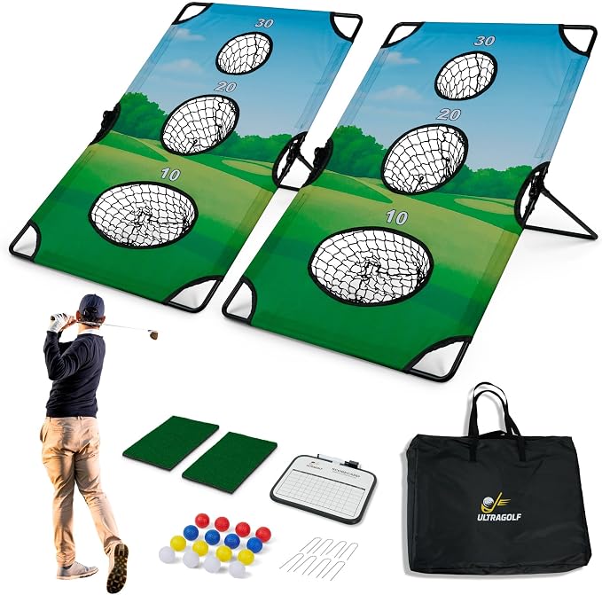 2-in-1 Golf Cornhole Chipping Game Set for Adults, Families and Golf Lovers – Foldable Yard Game with Targets, Non-Slip Mats, Balls, Stakes – Portable Outdoor Lawn and Backyard Simulator