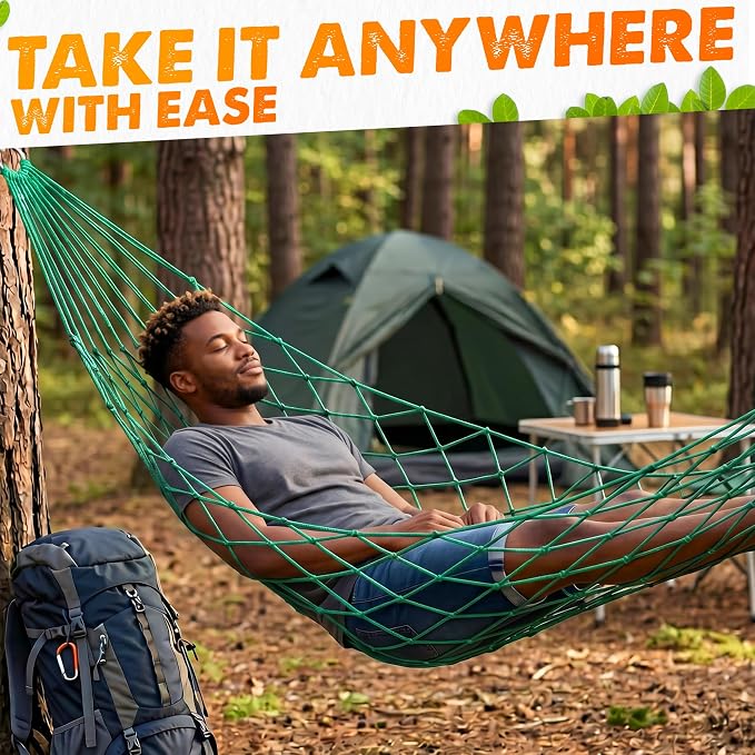 Mesh Hammock - Loop & Lounge Between Two Trees, Rope Hammocks for Outside Camping - No Stand Needed, 220 lb Capacity, Lightweight 13 oz Nylon Net Bed for Backyard Garden Patio Beach Travel, Green