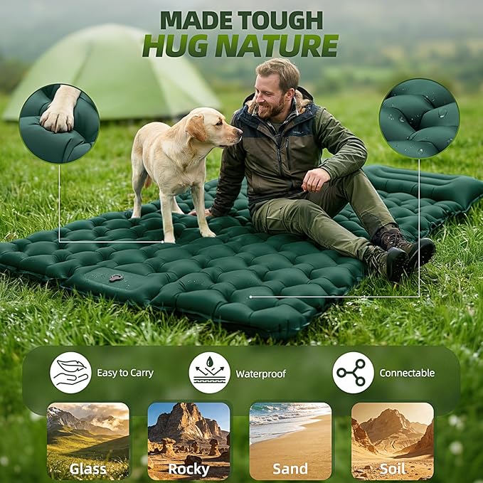 Double Camping Sleeping Pad, 4" Extra Thick 2 Person Inflatable Sleeping Pad with Built-in Foot Pump & Pillow, Self Inflating Camping Mattress for Tent, Backpacking, Hiking, Travel, RV（Dark Green）
