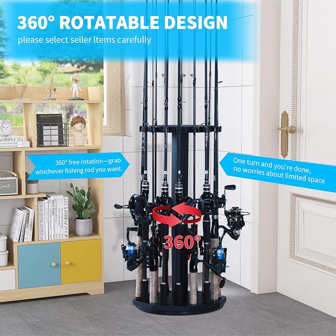 360° Rotating Wood Fishing Rod Holder, Black Round Fishing Pole Rack, Floor-Standing Fishing Rack Stores 16 Rods, Fishing Pole Storage Organizer for Garage, Basement, or Shed, Easy to Install