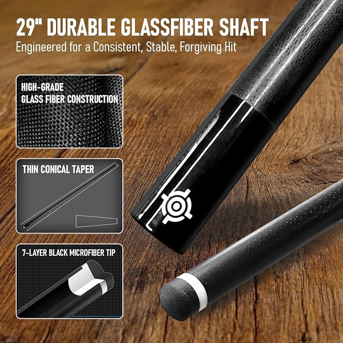 Series, Glass Fiber Pool Cue Stick, Uni-QR, 3/8-10, 5/16-18 Joint, Synthetic Leather Grip, 29" Glassfiber Shaft, 7-Layer Microfiber Tip
