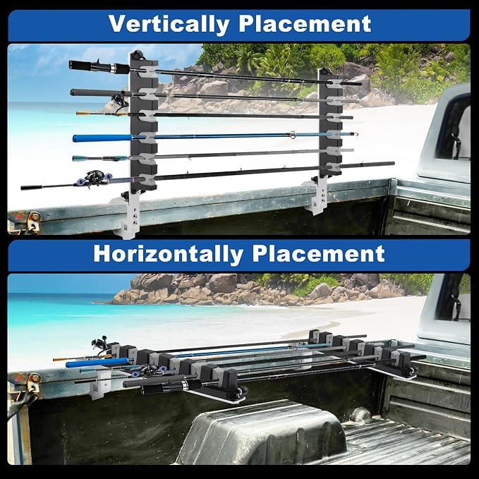 2x Aluminum Fishing Rod Holder for Truck Bed, 6 Rods Capacity, Stable C-Clamp Mount, Fishing Pole Storage Rack Holder for Truck Pickup Boat, Horizontally or Vertically Place