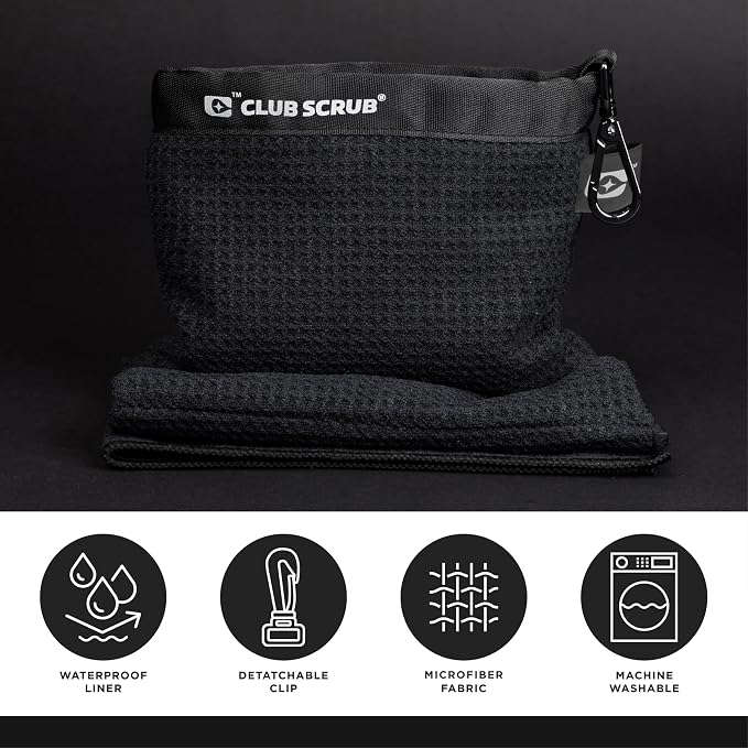 Club Scrub Towel Pro, Golf Club and Ball Cleaning Pouch with Attached Towel, Waterproof Exterior, Waffle-Weave Microfiber (Black)