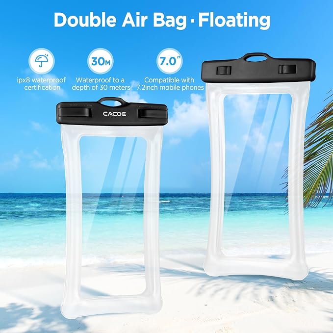 CACOE [Floatable] Floating Universal Waterproof Phone Case 2 Pcs-Up to 7.0",Phone Pouch with Adjustable Neck Lanyard,IPX8 Cellphone Dry Bags for Vacation Water Activities（Black+Black-#2）